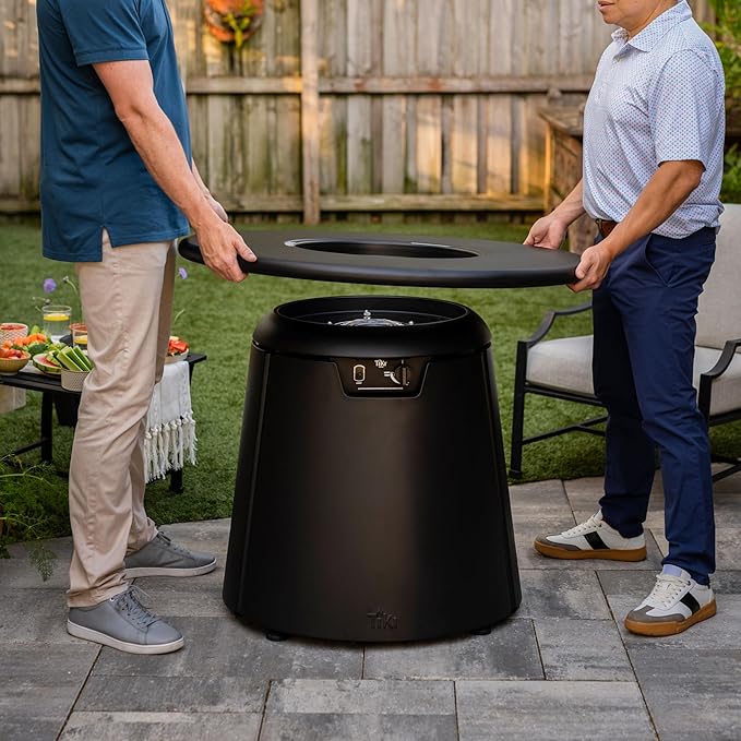 TIKI Brand Customizable Propane Fire Pit with Tabletop, 40,000 BTU 28.5" Outdoor Gas Fire Pit Table, Includes Round Tabletop Attachment and Lava Rocks, Black