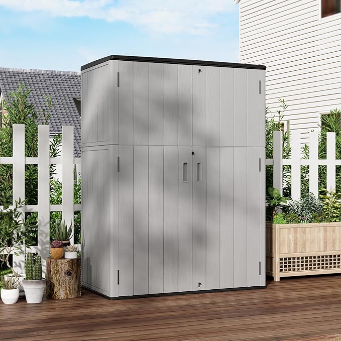 Vertical Storage Sheds with Floor, Sheds & Outdoor Storage Cabinet Waterproof for Garage Storage, Pool Storage, Bike Shed, Garden Shed 57Cu.ft Light Gray