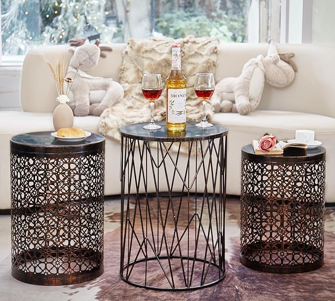 HFHOME Set of 3 Metal Side End Tables Nightstand, Nesting Round Coffee Table for Indoor Outdoor, Heavy Duty Metal Plant Stand Living Room Garden Stool - Bronze