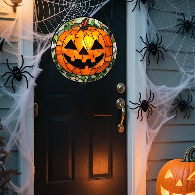 Stained Glass Window Hanging, Halloween Decorations Evil Pumpkin Suncatcher for Doors Garden Indoor Spooky Funny Orange Sun Catchers Gothic Decor Horror Gifts for Women Men Friend 9.8 in