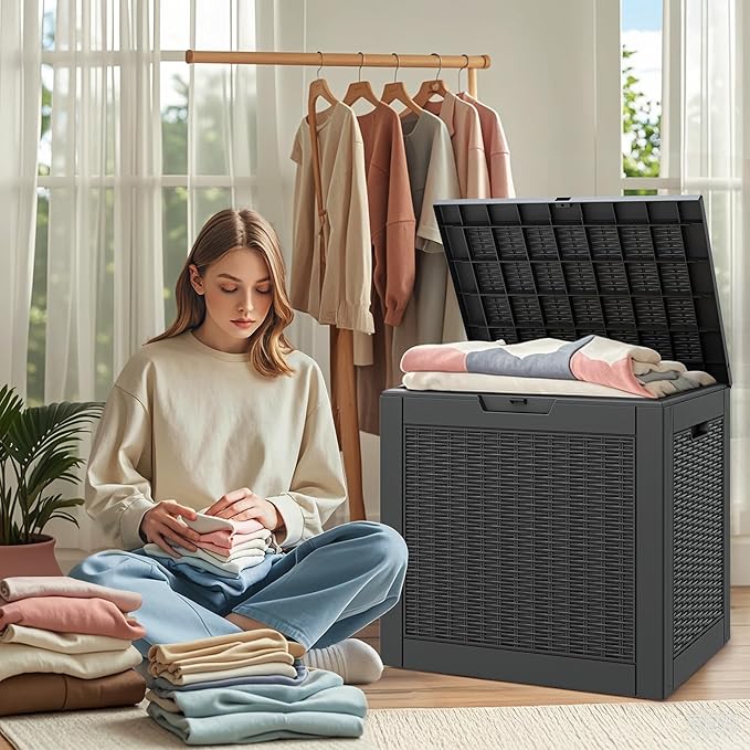 NUNU LAB Outdoor Storage Box, 33 Gallon Resin Deck Box Indoor and Outdoor Use, Waterproof Lockable Patio Storage Bin for Gardening Tools,Package Deliveries,Patio Cushions,UV Resistant,Black