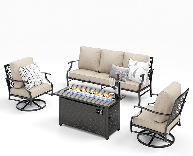 Patio Furniture Set with Firepit Table, 4 Pcs Metal Outdoor Conversation Set, 2 Swivel Chairs and 3 Seater Sofa with 5.75" Extra Thick Cushion and Gas Fire Pit Table for Backyard Deck, Beige