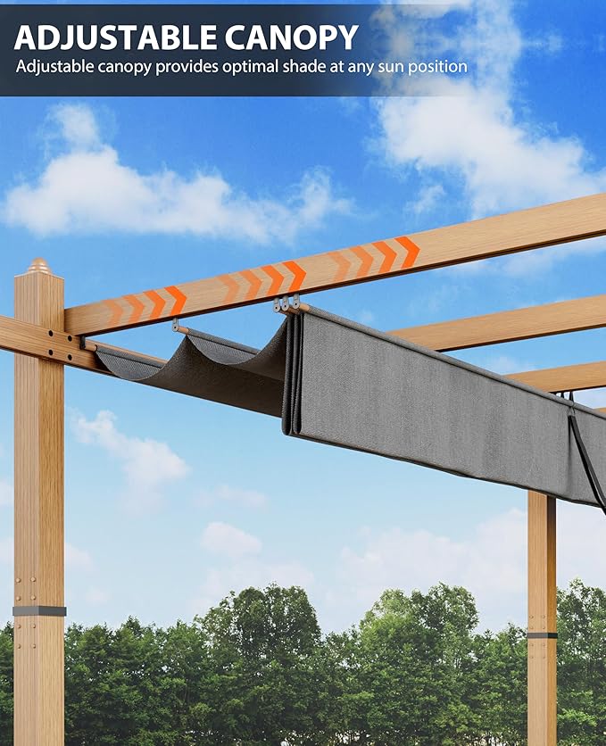 10x13 Ft Outdoor Retractable Pergola with Adjustable Roof Modern Metal Patio Gazebo, Upgraded Faux Wood Grain Aluminum Pergola for Deck, Backyard Gardens, Porches, Grapevines, Grey