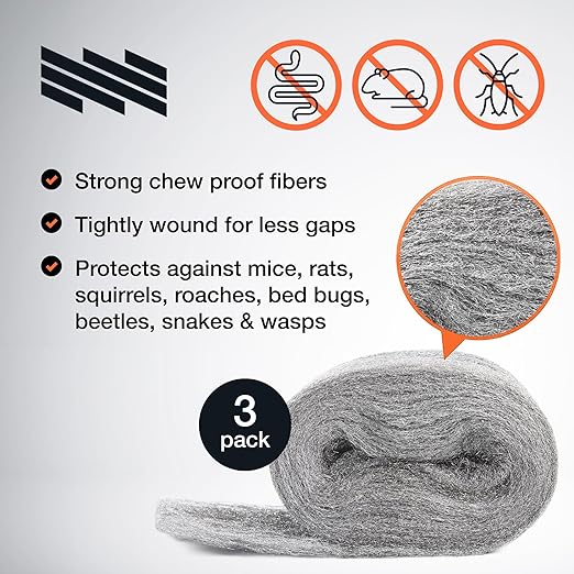 MaPorch Steel Wool Mouse Hole Filler - 3 Pack, 3.2 in x 7.5 ft - Metal Mesh Gap Filler for Walls & Pipes - DIY Kit with Gloves & Scissors - Mouse Prevention Rat Wire Mesh