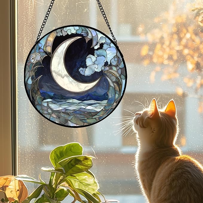 Stained Glass Window Hanging - Abstract Sea of Clouds Moon Sun Catcher for Door Terrace Garden Home Decor, Gray Blue Suncatcher Birthday Gifts for Lovers Women Men Dad Mom Nana 6.3 in
