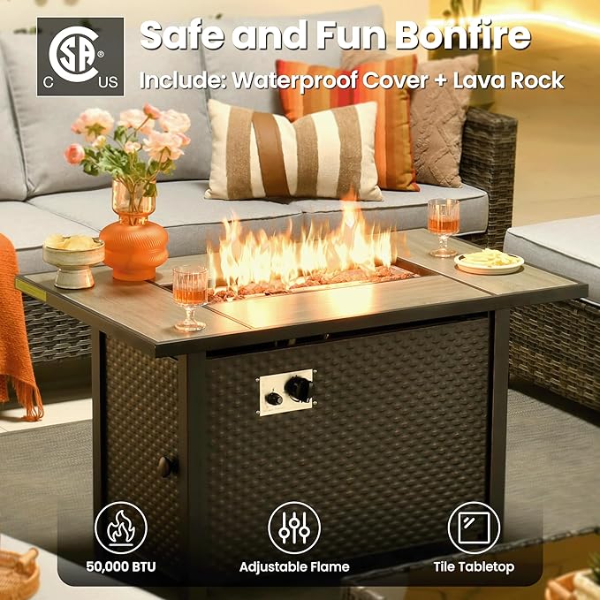 ovios 7 Pieces Patio Furniture Set, Outdoor Wicker Sofa Couch with Rocking Swivel Chairs Fire Pit Table, Modern Deep Seat Rattan Conversation Sets for Porch Deck, Grey