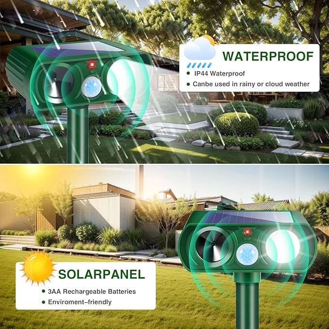 4Pack Solar Ultrasonic Animal Repellent Outdoor Deer Repellent Devices with Motion Detection&Flash Light Dog Raccoon Cat Deterrent,Keep Rodent Chipmunk Squirrel Rabbit Away for Yard Garden