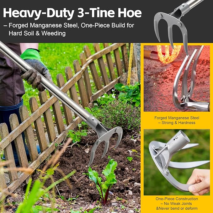 Potato Hand Rake Garden Tool - 62" Long Handle Cultivator Weeding Rakes, 3-Tine Heavy Duty Carbon Steel with D Grip for Raised Garden Beds,Flower Bed,Soil Grass Yard Gardening