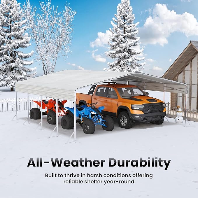 Heavy Duty Metal Carport – Sturdy Structure, All-Weather Protection, Easy Assembly for Cars, Trucks, Boats, Tractors, and Outdoor Storage (White, 20X20 FT)