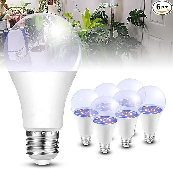 Red Blue 5000K LED Grow Light Bulb Full Spectrum 100w Equivalent, A19 E26 12W Sun Plant Light Bulbs for Flowers, Seed Starting, Indoor Growing, Greenhouse, 6pack