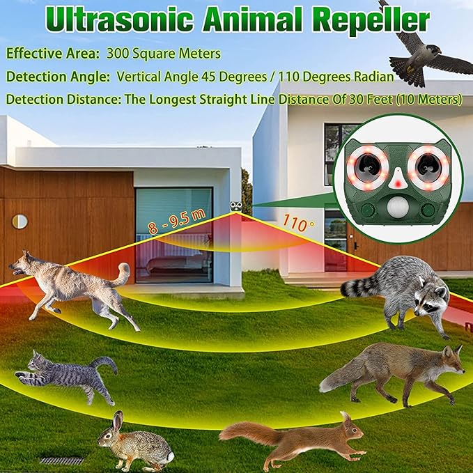 Solar Ultrasonic Animal Repellent, Waterproof Cat Deterrent Outdoor Solar Animal Repeller Motion Detection, Deer Repellent Devices Repel Cat Squirrel Rabbit Bird Dog Raccoon Skunk for Yard Farm Garden