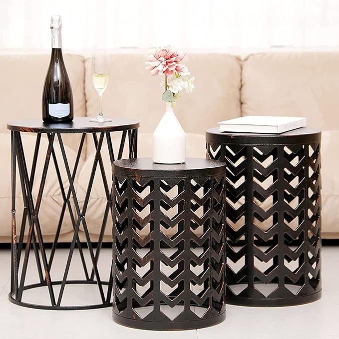 Y&M Set of 3 Heavy-Duty Round End Table, Side Table, Coffee Table for Indoor Multifunctional Use, Outdoor Decorative Garden Stool Plant Stand-Retro Black with Bronze (Ship from US)