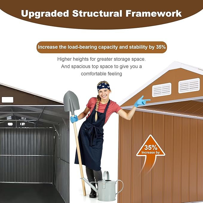 Outdoor Tool Shed 8x10 FT Heavy-Duty Metal Storage Shed with Lockable Door, Windows & Ventilation - Weather-Resistant Roof Garden Shed for Backyard, Patio, Lawn (Brown)