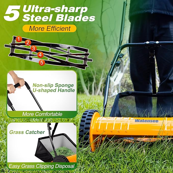 Walensee 16-Inch 5-Blade Push Reel Lawn Mower, Cordless Manual Reel Lawn Mower Walk-Behind Steel Lawn Mowers with Removable 7.9-Gallon Grass Catcher, Sponge Grip, 4-Position Cutting Height Adjustment