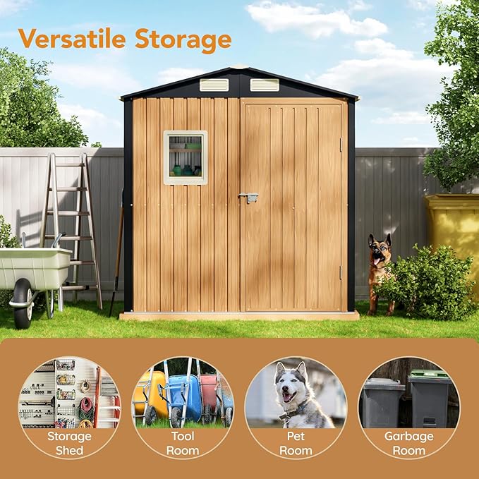 6X4FT Garden Storage Shed with Frame Floor & Lockable Door,Steel Tool Shed with 1 Clear Window, Anti-Corrosion Metal Shed for Backyard Patio Lawn (Light Wood Grain)