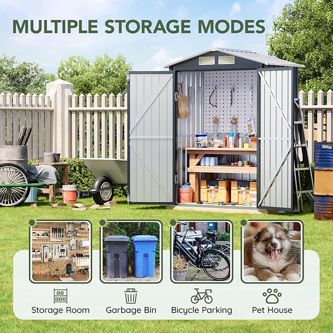 5x3 FT Outdoor Metal Storage Shed, Double Door, 1 Clear Window, Tool Shed for Garden, Patio, Backyard