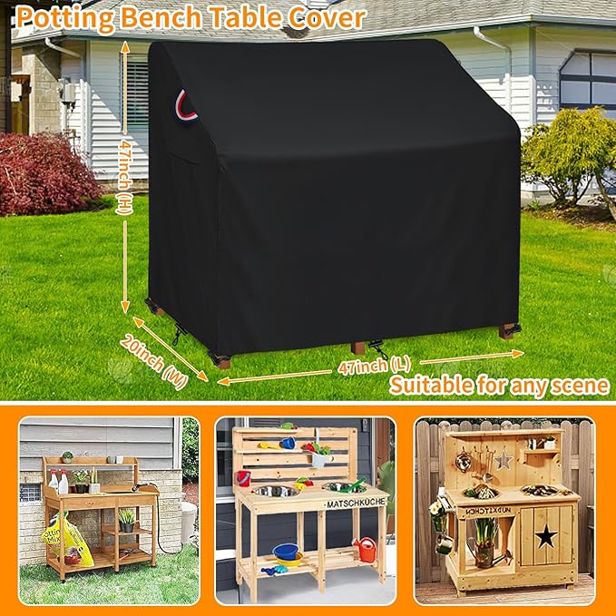 Potting Bench Cover for Outdoor Potting Bench Table UV Resistant Waterproof Outdoor Garden Potting Bench Table Cover 47"x20"x47"Windproof Outside Potting Bench Table Covers (Black)