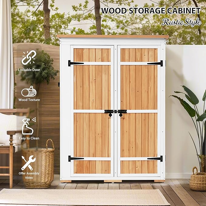 Harper & Bright Designs Outdoor Storage Cabinet Wood & Metal Garden Shed with Waterproof Roof and Sturdy Lockable Doors 59", Natural
