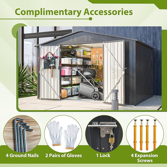 10X8 FT Outdoor Storage Shed, All Weather Metal Sheds with Lockable Doors, Tool Shed for Garden, Patio, Backyard, Lawn (Black with Floor Frame, 10x8ft)