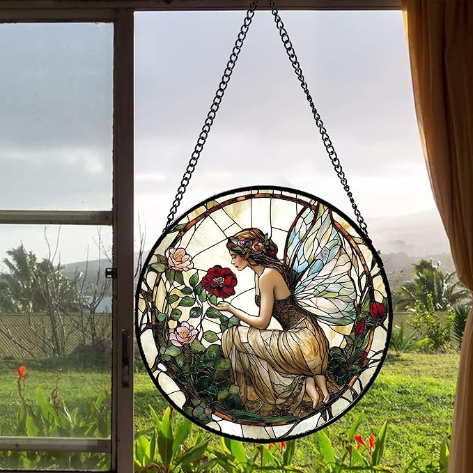 Stained Glass Window Hanging - Butterfly Flower Fairy Suncatcher for Door Terrace Garden Home Decor Yellow Green Plants Sun Catcher Birthday Gifts for Lovers Women Men Dad Mom Nana 11.8 in