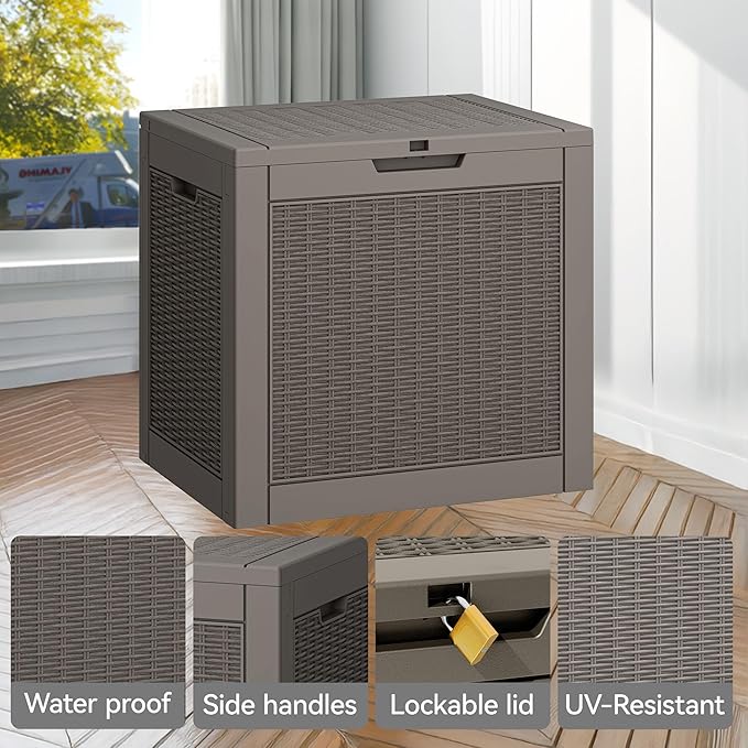 NUNU LAB 30 Gallon Waterproof Resin Deck Box, Lockable Outdoor & Indoor Storage Bench for Patio Cushions, Garden Tools, Pool Accessories & Package Deliveries â Grey