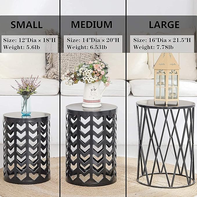 Y&M Set of 3 Black End Tables, Nesting Metal Round Coffee Table, Heavy Duty Meta Plant Stand Decorative Garden Stool, Outdoor Multifunctional Use