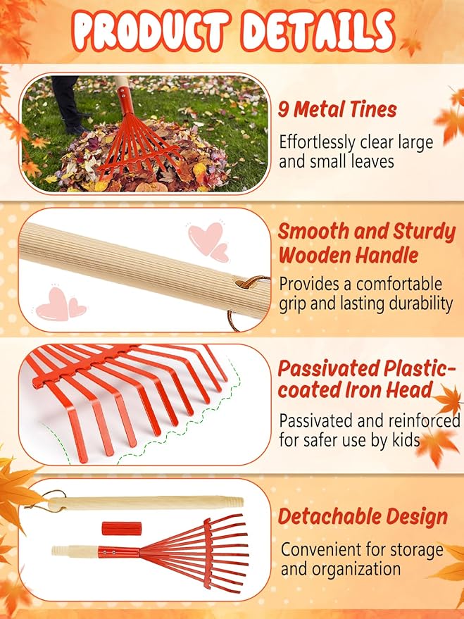 Kids Friendly Rakes for Leaves - 28" Child Size Small Rake with Durable Metal Head & Hardwood Handle, Real Lawn Garden Yard Tools for 3+ Years Kids Enjoy Helping Work Gifts (Red)
