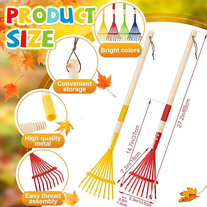 Suclain 4 Pcs Mini Rakes with Hardwood Handle Small Rake for Gardening Yard Tools Multicolor 28'' Mini Rake for Leaves Lightweight for Garden Leaf Tools