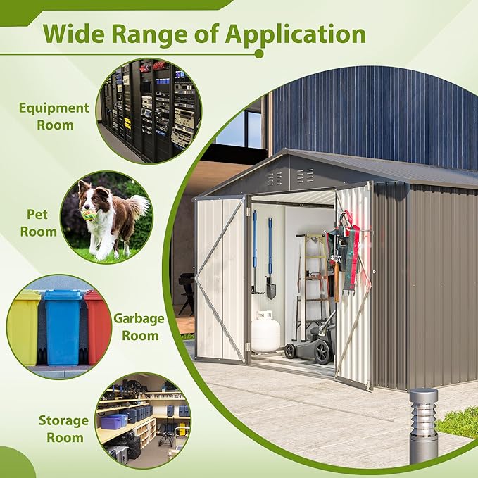 10X8 FT Outdoor Storage Shed, All Weather Metal Sheds with Lockable Doors, Tool Shed for Garden, Patio, Backyard, Lawn (Black with Floor Frame, 10x8ft)