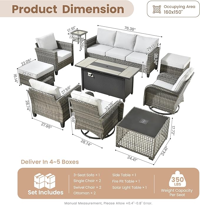 HOOOWOOO Outdoor Patio Furniture Set,10 Pieces Wicker Conversation Set,All Weather Couch Set with Fire Pit Solar Light Table Swivel Chairs Ottoman 9 Seaters for Out Door Yard(Light Gray)