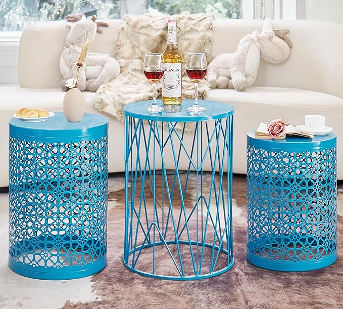HFHOME Set of 3 Metal Side End Tables Nightstand, Nesting Round Coffee Table for Indoor Outdoor, Heavy Duty Metal Plant Stand Living Room Garden Stool - Blue