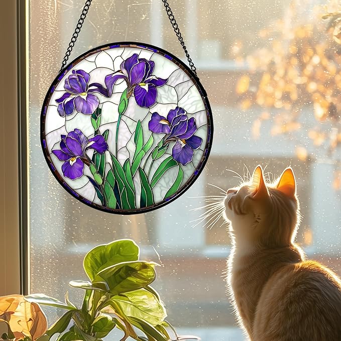 Stained Glass Window Hanging - Purple Iris Flower Sun Catcher for Door Terrace Garden Home Decor, Green Plants Suncatcher Birthday Gifts for Lovers Women Men Dad Mom Nana 15 in