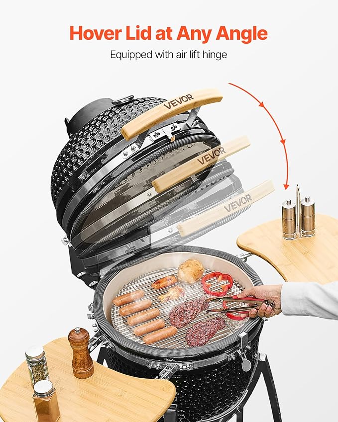 VEVOR Charcoal Smoker and Grill, 18" Kamado Charcoal BBQ Smoker, Movable Ceramic Barbecue Grill with 4 Wheels (2 Lockable), Built-in Thermometer, Air Vents & Side Shelf for Outdoor Patio Yard Cooking