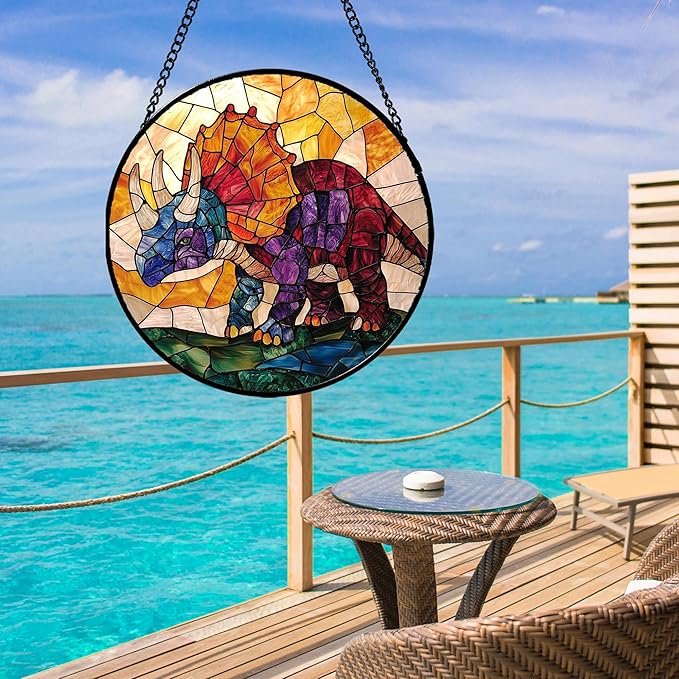 Stained Glass Window Hanging - Triceratops Abstract Dinosaur Suncatcher for Door Terrace Garden Home Decor, Orange Red Sun Catcher Birthday Gifts for Lovers Women Men Dad Mom Nana 9.8 in