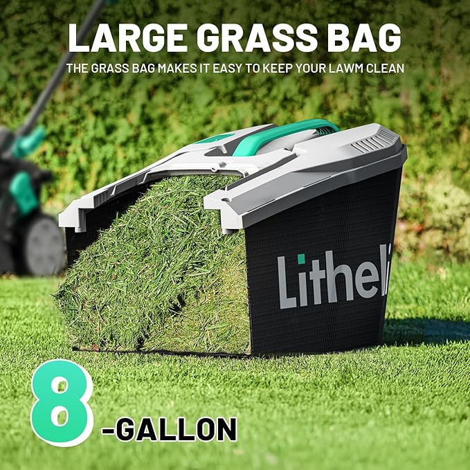 Litheli 13.1inch Electric Lawn Mower Cordless,Grass Cutter Machine for 1600 Sq.Ft.Lawnmower with Brushless Motor, 8 Gallon Capacity, Cutting Height from 1 to 2.5 in, Includes 1X4.0 Ah Battery