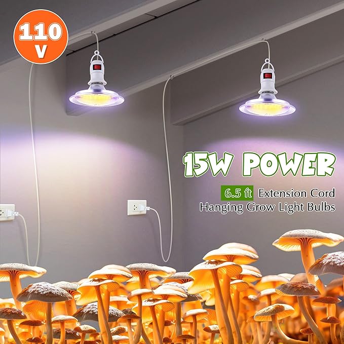 Meonum 2 Pack LED Growing Lights for Mushroom Unique Spectrum Mushroom Growing Lamp with 4.9 ft Extension Cord Hanging Light Bulbs with White Blue LEDs for Indoor Plants