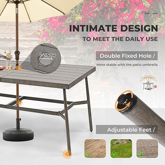 HAPPATIO 9-Piece Patio Table and Chairs Set for 8, Aluminum Outdoor Dining Set with Cushions, 8 Dining Chairs, 1 Large Rectangular Table with Umbrella Hole for Lawn, Porch, Backyard, Grey