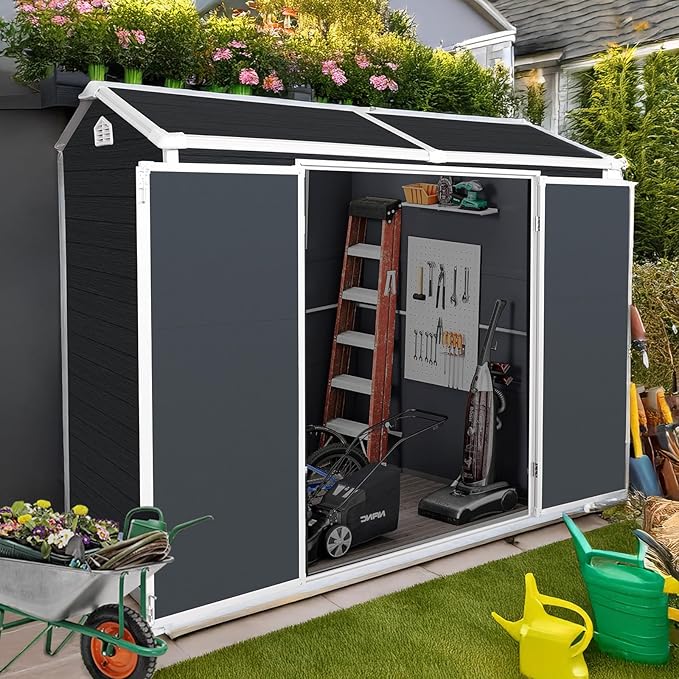 8x4 FT Resin Storage Sheds Outdoor with Floor Included, Plastic Sheds & Outdoor Storage Clearance with 2 Windows and Lockable Door, Backyard Storage Sheds for Garden Tools, Bike