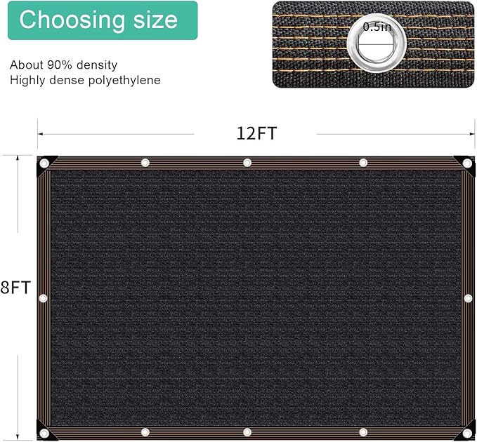 QNLONG Shade Cloth for Garden, 90% Black Shade Net Mesh Tarp with Grommets Sun Shade Cover Tear Resistance for Plants Greenhouse Chicken Coop Vegetables Pergola 12X8FT