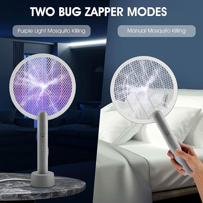 Electric Fly Swatter Racket, 2 in 1 Bug Zapper with USB Rechargeable Base, 4000 Volt Mosquito Killer with 3-Layer Safety Mesh for Pest Insect Control for Indoor、Office、Backyard、Camping(Gray-2 Pack)