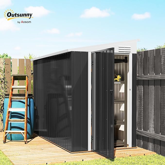 Outsunny 4' x 7.7' Metal Outdoor Storage Shed, Lean to Storage Shed, Garden Tool Storage House with Lockable Door and 2 Air Vents for Backyard, Patio, Lawn, Dark Gray