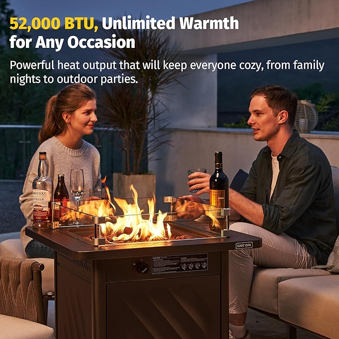 EAST OAK 28โ Outdoor Propane Fire Pit Table | 52,000 BTU Gas Fire Pit for Outside with Easy-Hook Lid, Mesh Pocket & Lava Rocks | CSA Certified | Ideal for Patio, Garden & Backyard | Brown