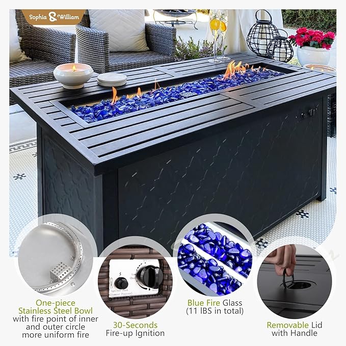Sophia & William Patio Furniture Set with Fire Pit Table, 10 Piece Outdoor Wicker Furniture Sectional Sofa, Extra Large Patio Rattan Conversation Set with Ottoman & 45" Fire Pit Table(Aqua Blue)
