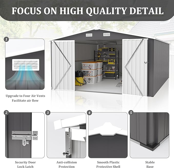 KEIKI 10x 14 FT Metal Storage Shed Outdoor, Large Garden Shed with Roof & Lockable Doors, Utility Tool Sheds Frame & 4 Vents for Patio Backyard Bicycles Storage House, All Weather Use, Dark Grey