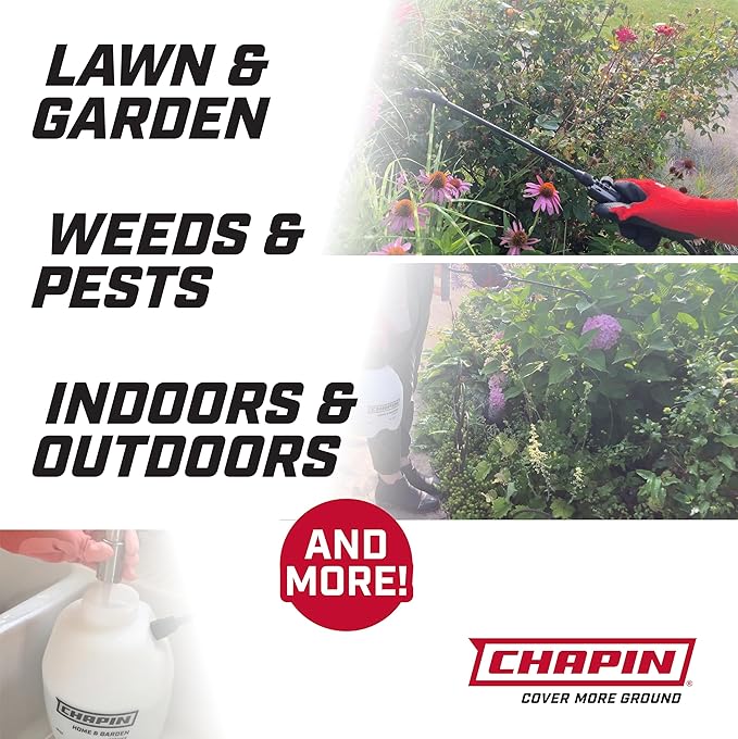 Chapin 16100 1-Gallon Made in USA Garden Pump Sprayer with Ergonomic Handle, Trigger Shut Off, Adjustable Cone Nozzle and in-Tank Filter, for Spraying Weeds, Insects, Fertilizers, Translucent White