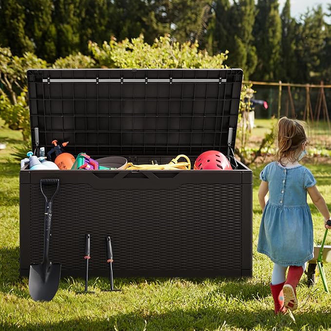 Greesum 100 Gallon Resin Deck Box Large Outdoor Storage with Cushions for Patio Furniture, Garden Tools, Pool Supplies, Weatherproof and UV Resistant, Lockable, Dark Brown