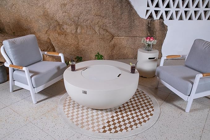 AMS Creations | Eclipse 44" Bundle Round Cast Concrete Natural Gas Fire Pit Bowl Table | Cream White | Smooth Texture Surface | Electronic Ignition | Outdoor Patio Heater Outside Backyard Fireplace