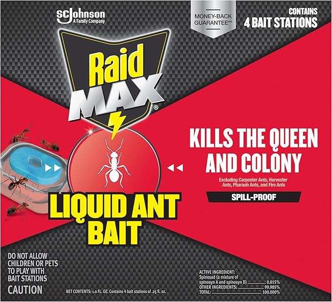 Raid Max Liquid Ant Bait; Kills Ants Where They Breed, for Indoor and Outdoor Use; 12 Bait Stations