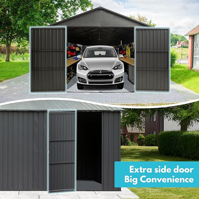 Domi 12'x15' Metal Garage Shed, Heavy Duty Outdoor Steel Carport with Lockable Double, Side Doors, 80MPH Wind and Snow Resistant Enclosed Storage for Cars, Trucks, Motorcycles, Tools, Dark Grey