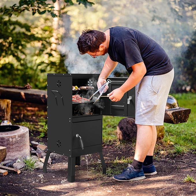 BBQ Smoker Grill with 2 Doors, Vertical Charcoal Smoker with 2 Detachable Grill Racks, Charcoal Pan & Water Pan, Outdoor Meat Smoker with Thermometer, 4 Air Vents, Idea for Parties, Backyard